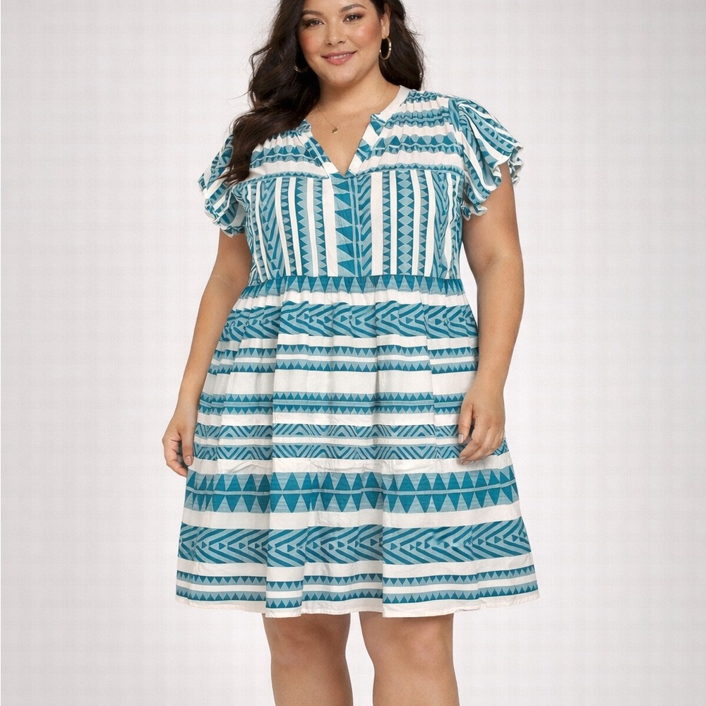 Blue and White Tiered Sundress with Flutter Sleeves